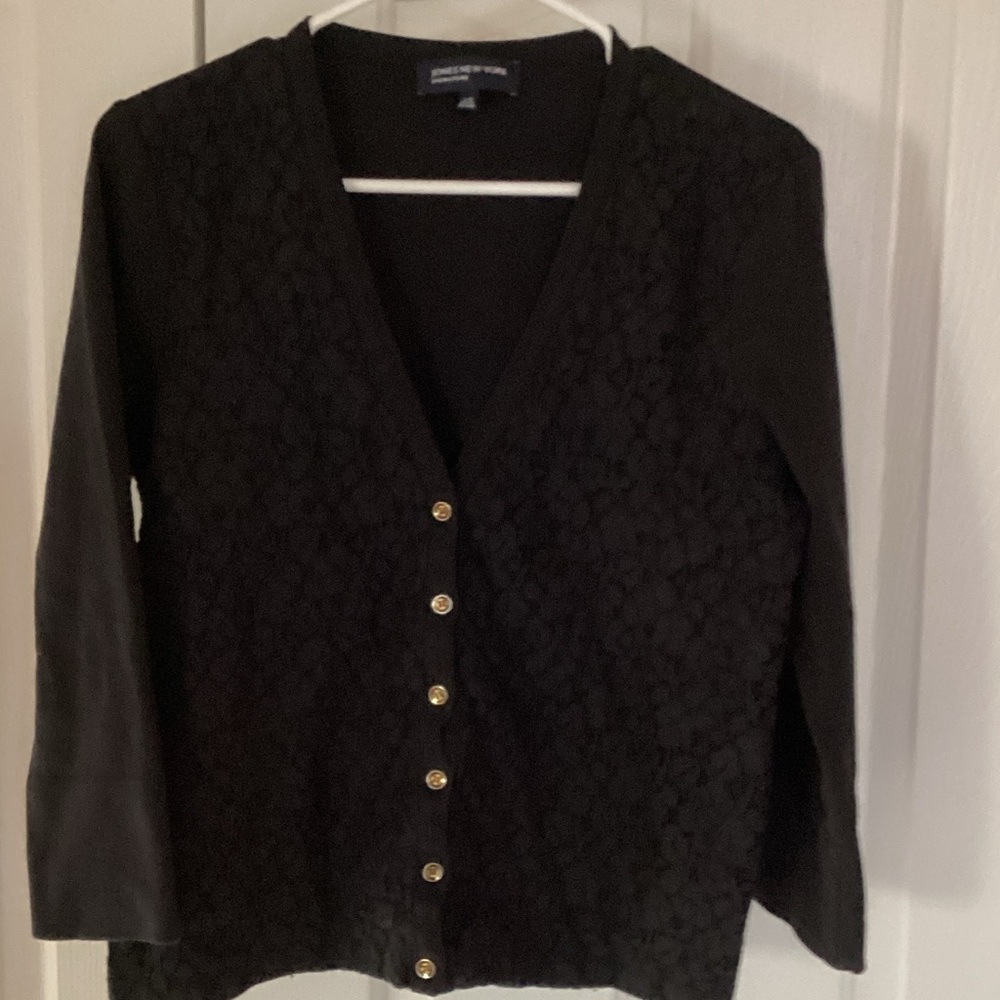 Jones New York Signature Black Cardigan with Gold Buttons and lace overlay